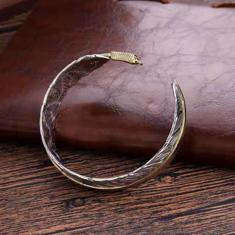 Fortune Jewel Feather Pattern Carved Luck Wealth Cuff Bracelet Bangle