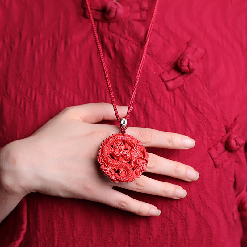 Fortune Jewel Year of the Dragon 925 Sterling Silver Natural Cinnabar Copper Coin Luck Necklace Pendant