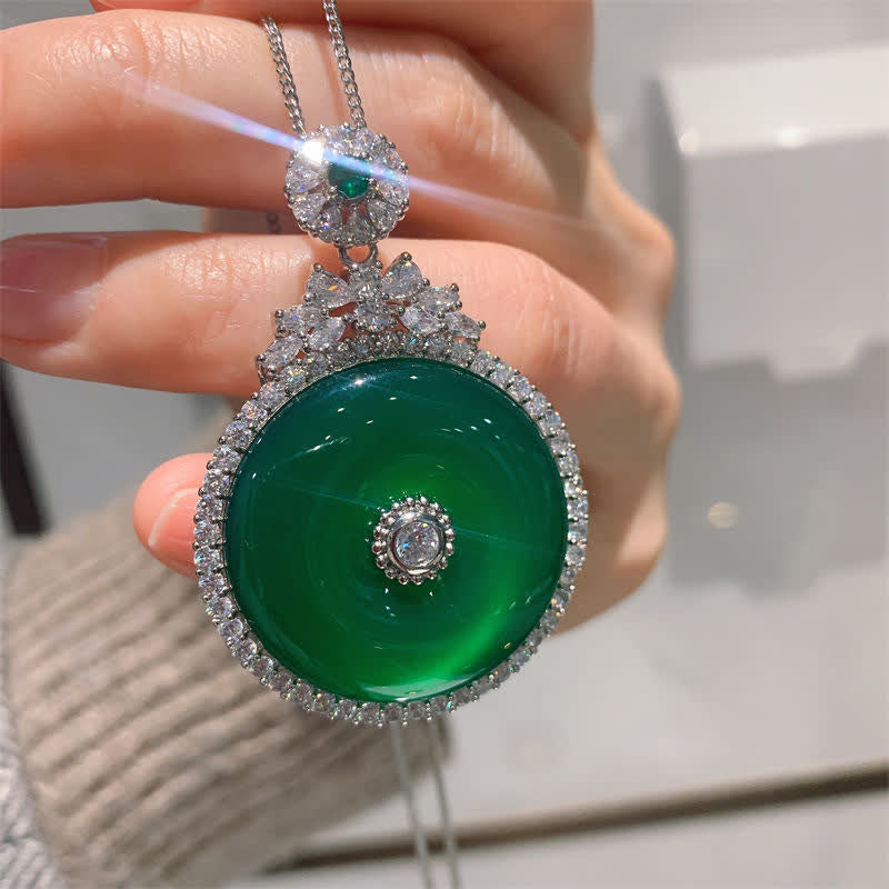 Fortune Jewel Green Chalcedony Round Peace Buckle Strength Necklace Pendant