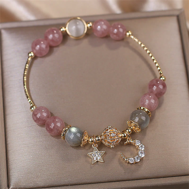 Fortune Jewel Strawberry Quartz Moonstone Moon Star Love Bracelet