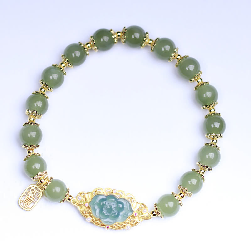 Fortune Jewel 925 Sterling Silver Plated 14K Gold Hetian Jade Lotus Luck Bracelet
