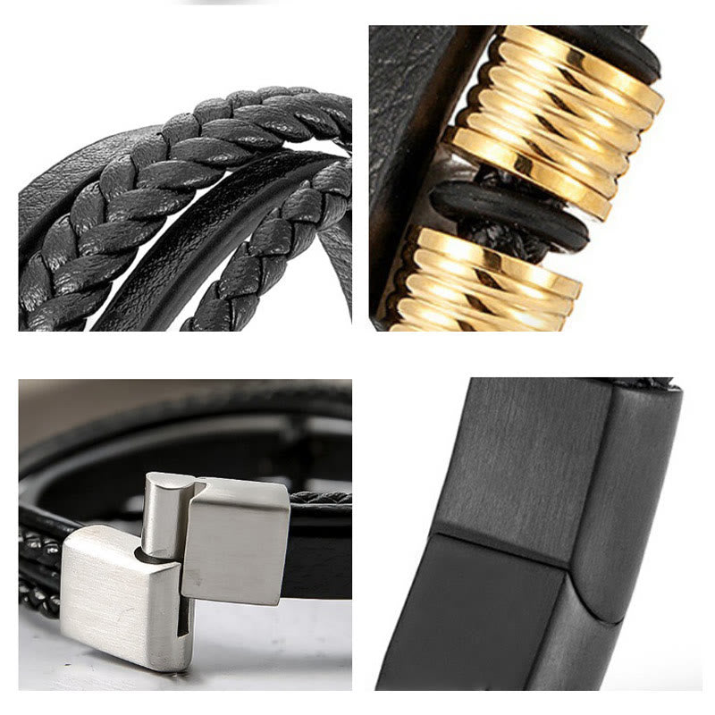 Fortune Jewel Leather Multi-Layer Titanium Steel Balance Braided Magnetic Buckle Bracelet