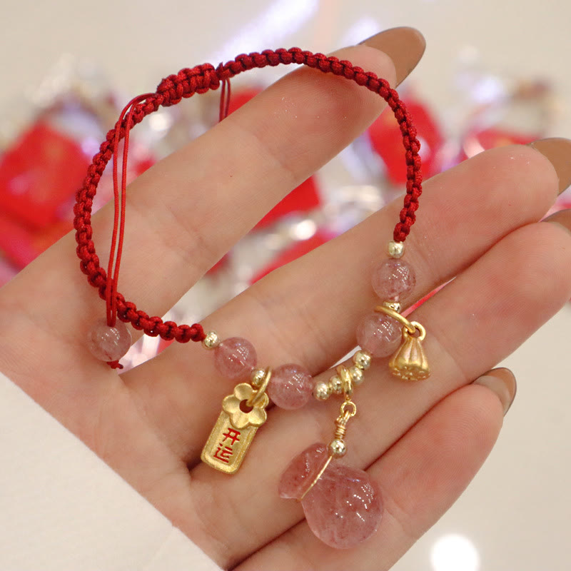 Fortune Jewel Natural Strawberry Quartz Money Bag Lotus Healing Charm Red String Braided Bracelet