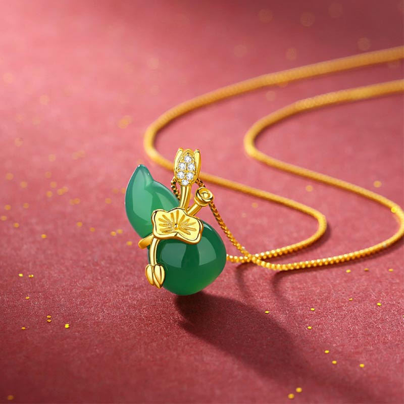 Fortune Jewel Cyan Jade Gourd Lotus Leaf Abundance Pendant Necklace Fortune Jewel
