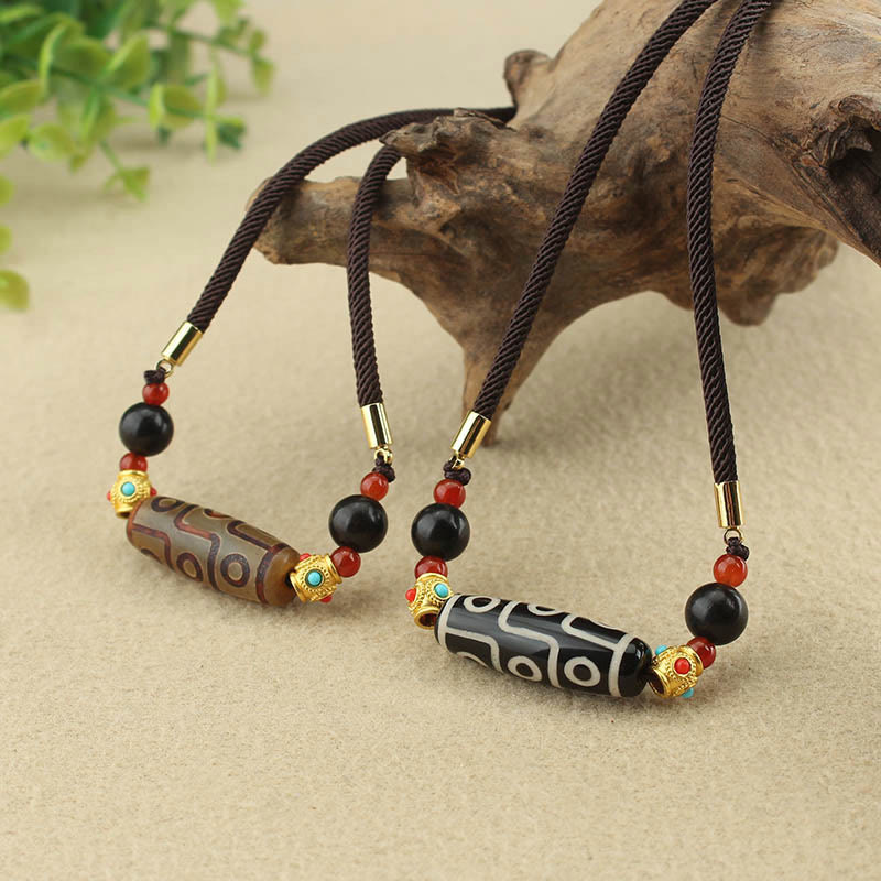 Fortune Jewel Tibetan Nine-Eye Dzi Bead Protection Blessings String Necklace Pendant