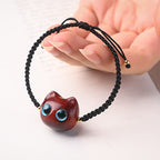 Fortune Jewel Small Leaf Red Sandalwood Ebony Wood Cute Cat Head Calm Protection Braided Bracelet