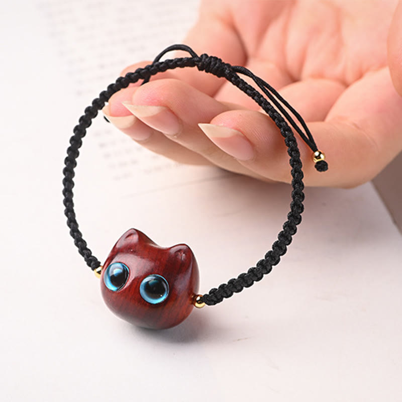 Fortune Jewel Small Leaf Red Sandalwood Ebony Wood Cute Cat Head Calm Protection Braided Bracelet