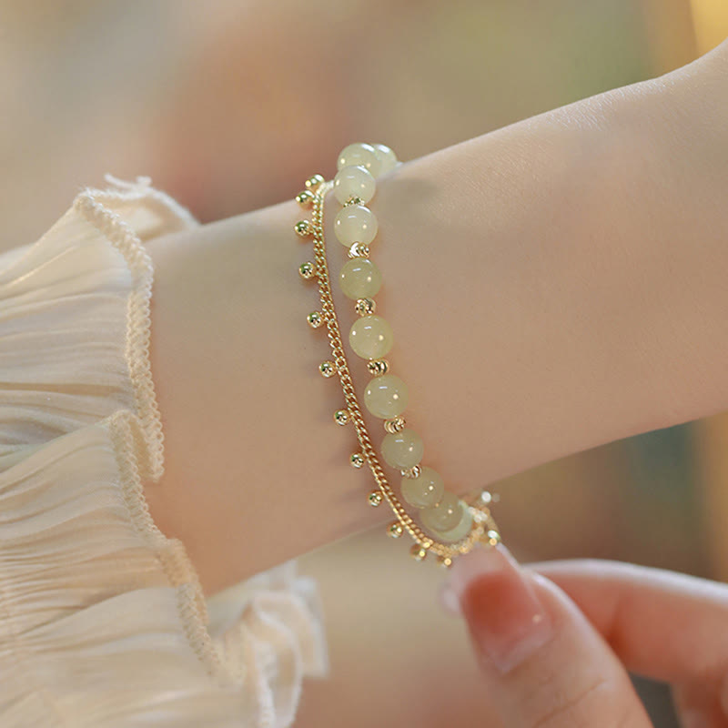 Fortune Jewel 14K Gold Plated 2 Layers Hetian Jade Bead Luck Prosperity Bracelet