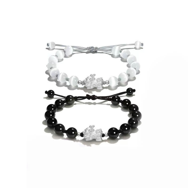 Fortune Jewel Natural Black Obsidian Cat's Eye Pink Crystal PiXiu Strength Bracelet