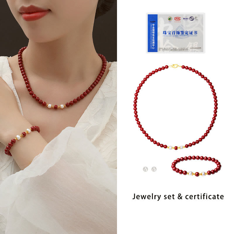 Fortune Jewel 925 Sterling Silver Natural Cinnabar Pearl Blessing Necklace Pendant Bracelet Earrings Jewelry Set
