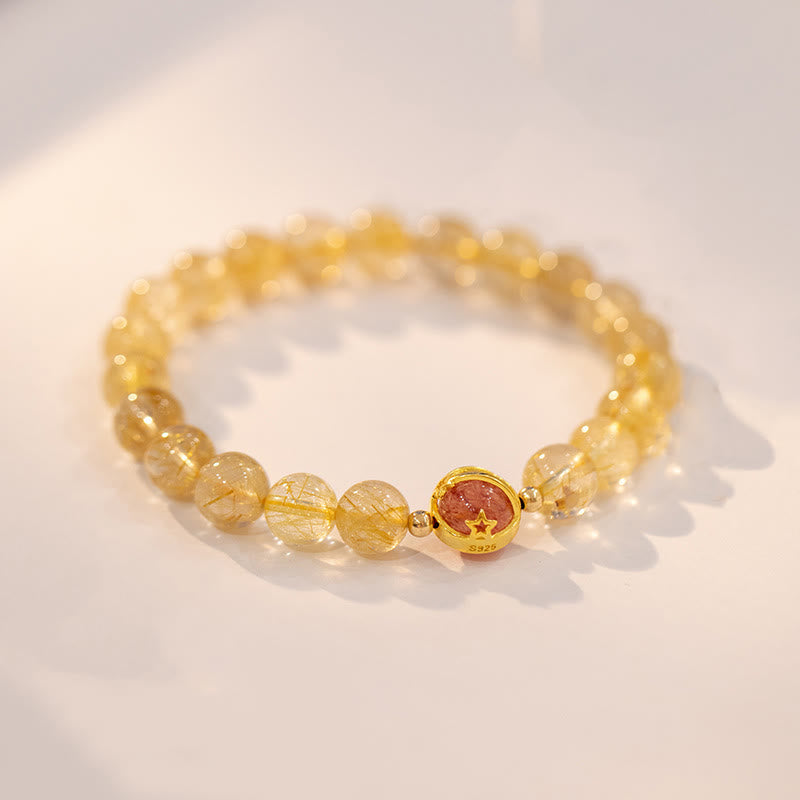 Fortune Jewel Golden Rutilated Quartz Strawberry Quartz Star Protection Bracelet