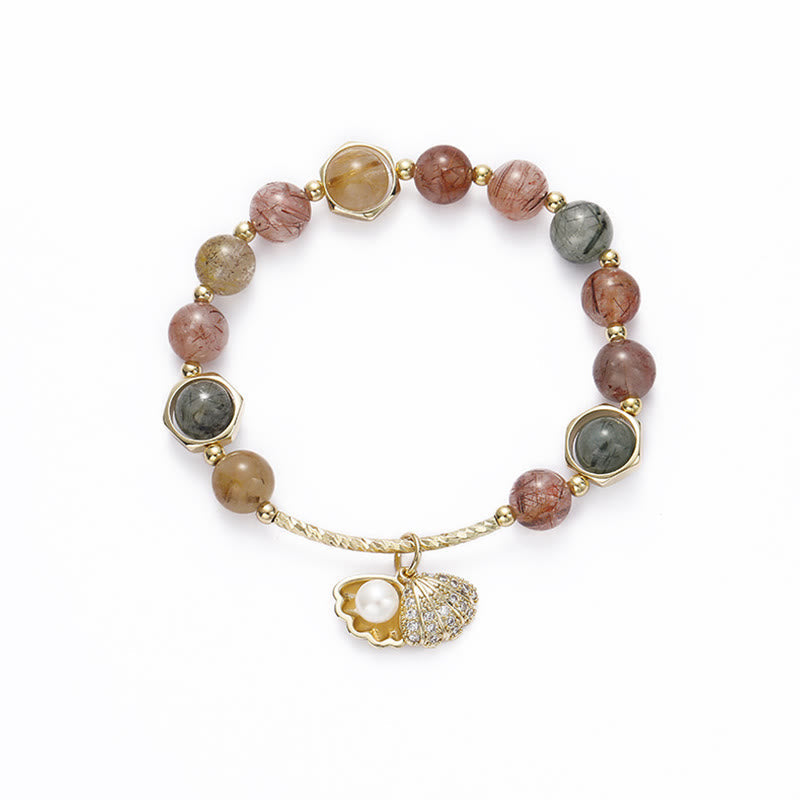 Fortune Jewel Natural Colorful Rutilated Quartz Shell Protection Bead Bracelet