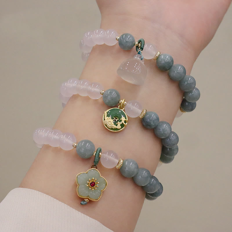 Fortune Jewel White Agate Jade Lotus Flower Peace Buckle Protection Bracelet