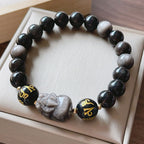 Fortune Jewel Natural Silver Sheen Obsidian Black Obsidian Om Mani Padme Hum Pixiu Protection Bracelet