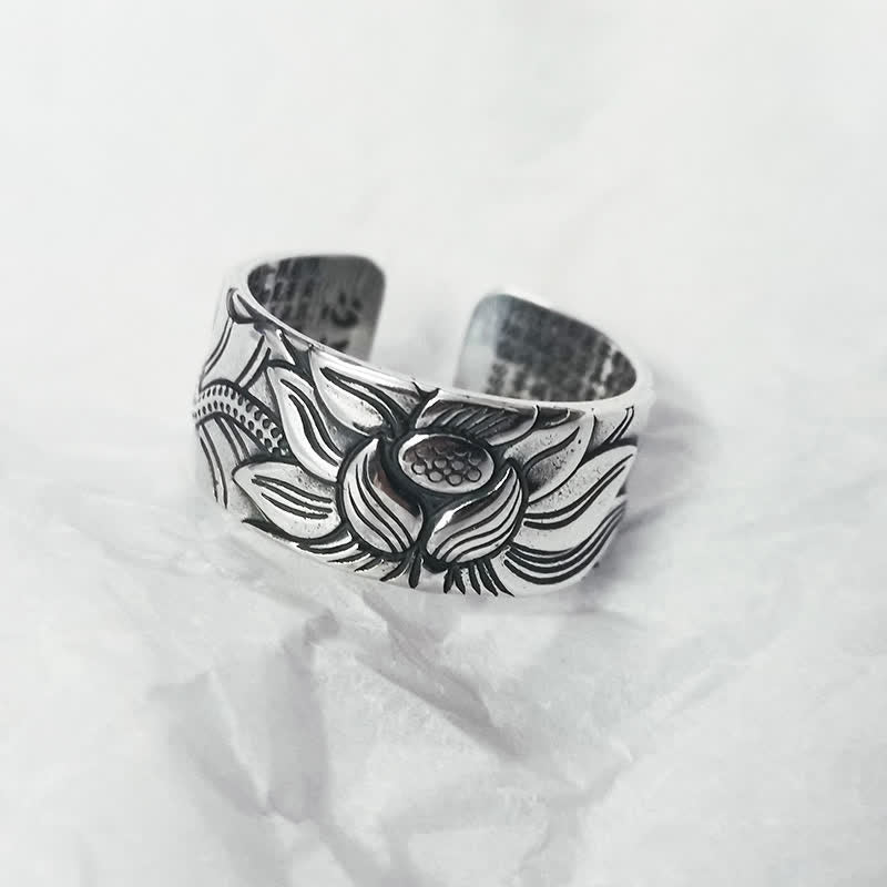 Fortune Jewel 999 Sterling Silver Lotus Symbol Heart Sutra Protection Ring Fortune Jewel