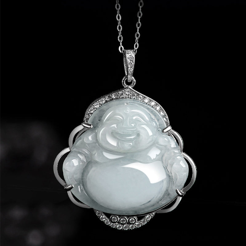 Fortune Jewel Laughing Buddha Natural Jade Abundance Titanium Steel Chain Necklace Pendant Fortune Jewel