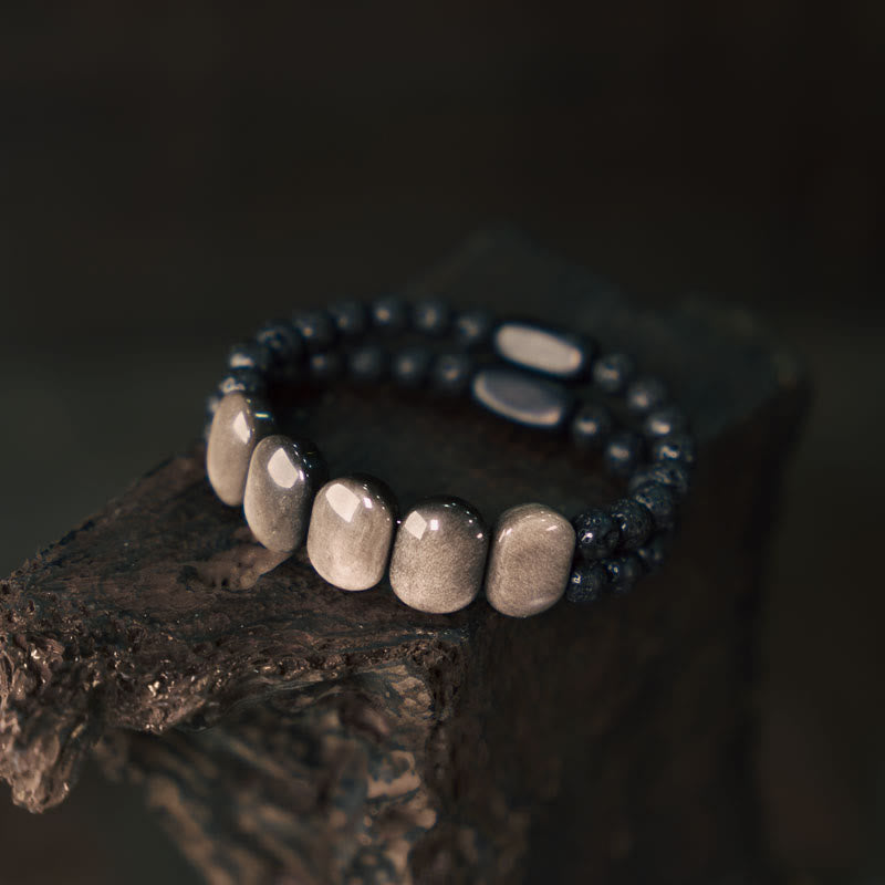 Fortune Jewel Natural Silver Sheen Obsidian Lava Rock Communication Bracelet