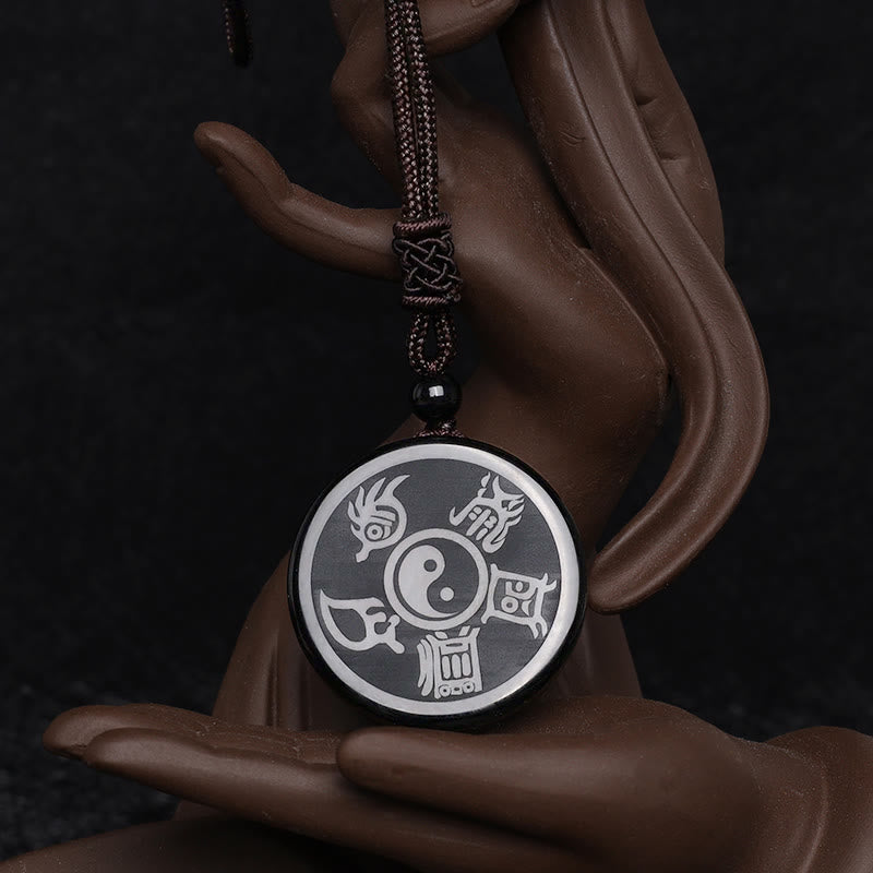 Fortune Jewel Black Obsidian Taoism Five Sacred Mountains Nine-Character Mantra Carved Purification Yin Yang Necklace Pendant