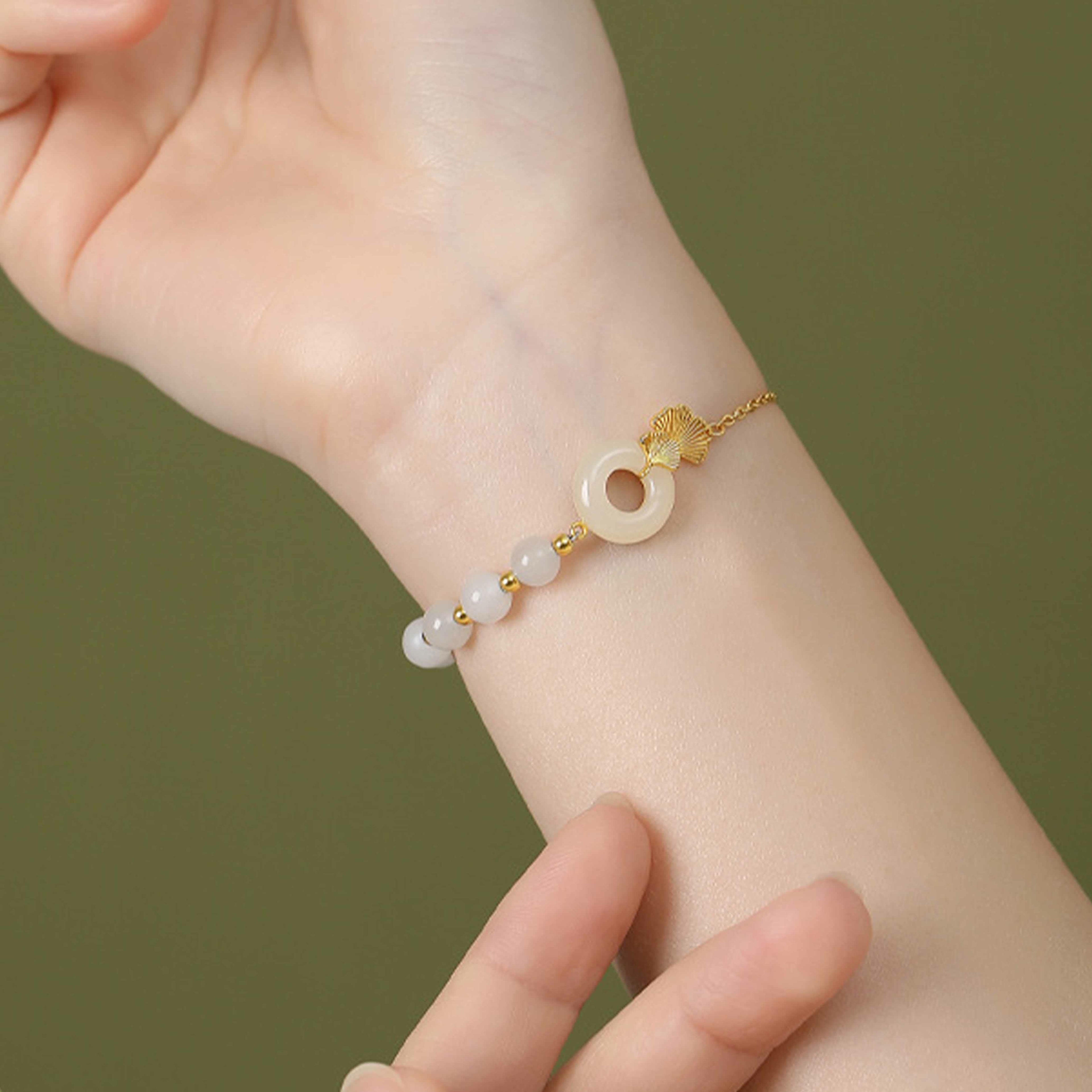Fortune Jewel 925 Sterling Silver Hetian White Jade Peace Buckle Ginkgo Leaf Luck Bracelet