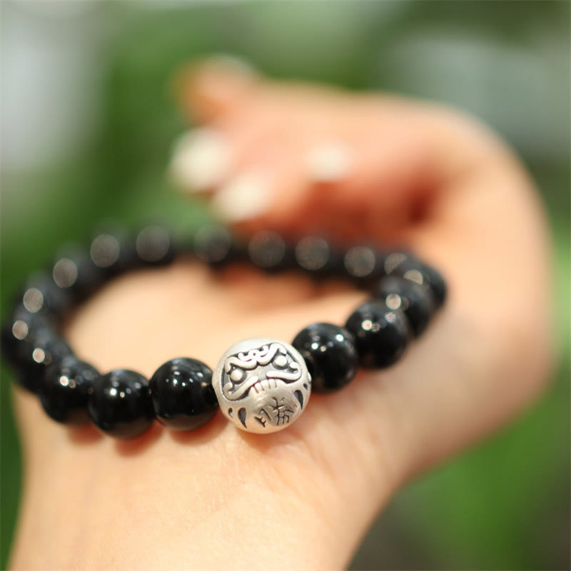 Fortune Jewel 925 Sterling Silver Black Onyx Bead Character Engraved Protection Bracelet