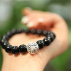 Fortune Jewel 925 Sterling Silver Black Onyx Bead Character Engraved Protection Bracelet
