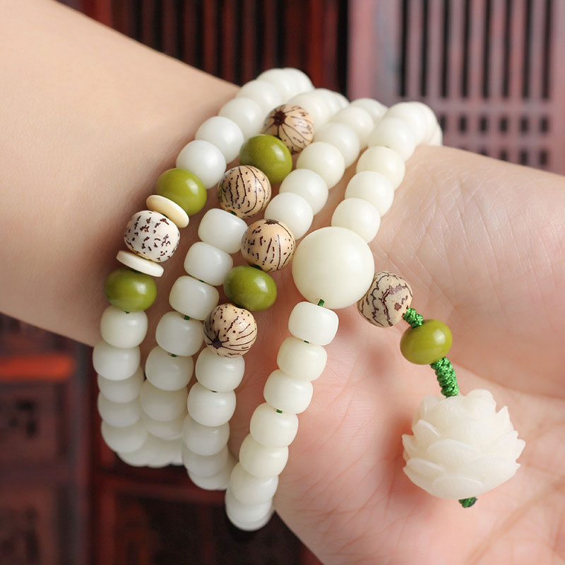 Fortune Jewel White Jade Bodhi Lotus Mala Harmony Necklace Bracelet