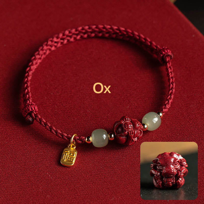 Fortune Jewel Natural Cinnabar Chinese Zodiac Hetian Jade Fu Character Luck Rope Bracelet