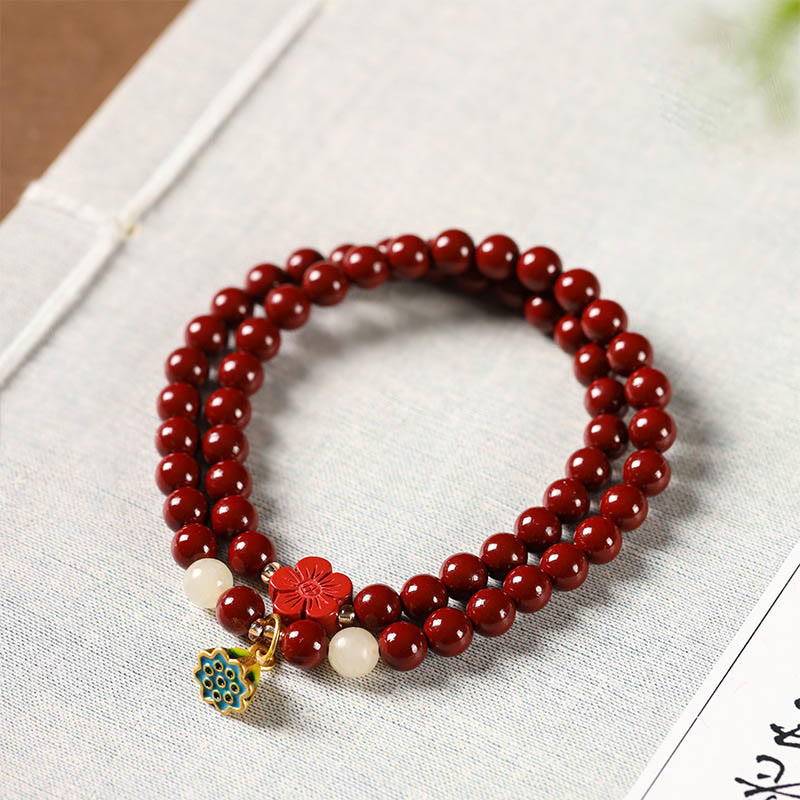 Fortune Jewel Cinnabar Lotus Charm Double Wrap Blessing Bracelet