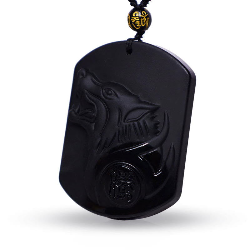 Fortune Jewel Black Obsidian Stone Wolf Purification Pendant Necklace