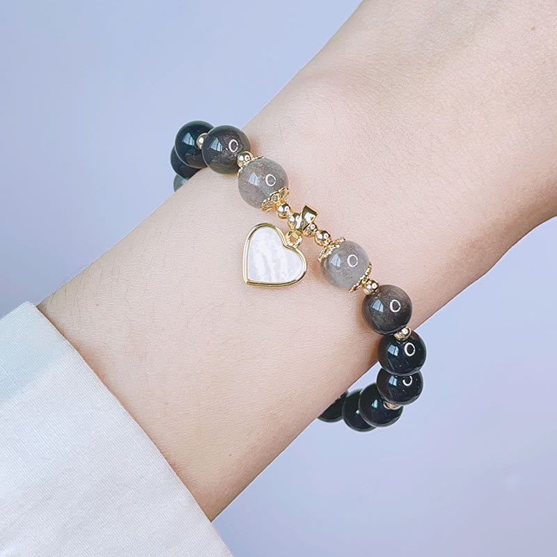 Fortune Jewel Natural Silver Sheen Obsidian Love Heart Star Flower Protection Bracelet