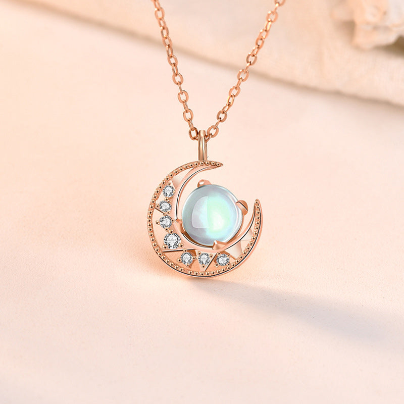 Fortune Jewel 925 Sterling Silver Moonstone Moon Pattern Love Necklace Pendant