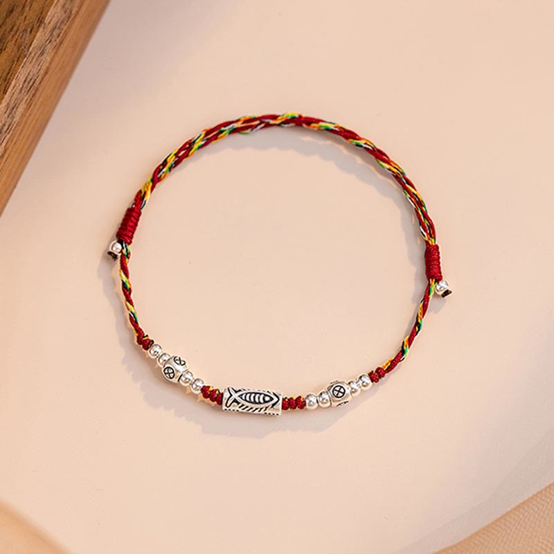 Fortune Jewel 925 Sterling Silver Luck Koi Fish Braided Colorful String Bracelet Anklet