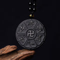 Fortune Jewel Natural Black Obsidian Tibetan Om Mani Padme Hum Buddha Swastika Luck Necklace Pendant