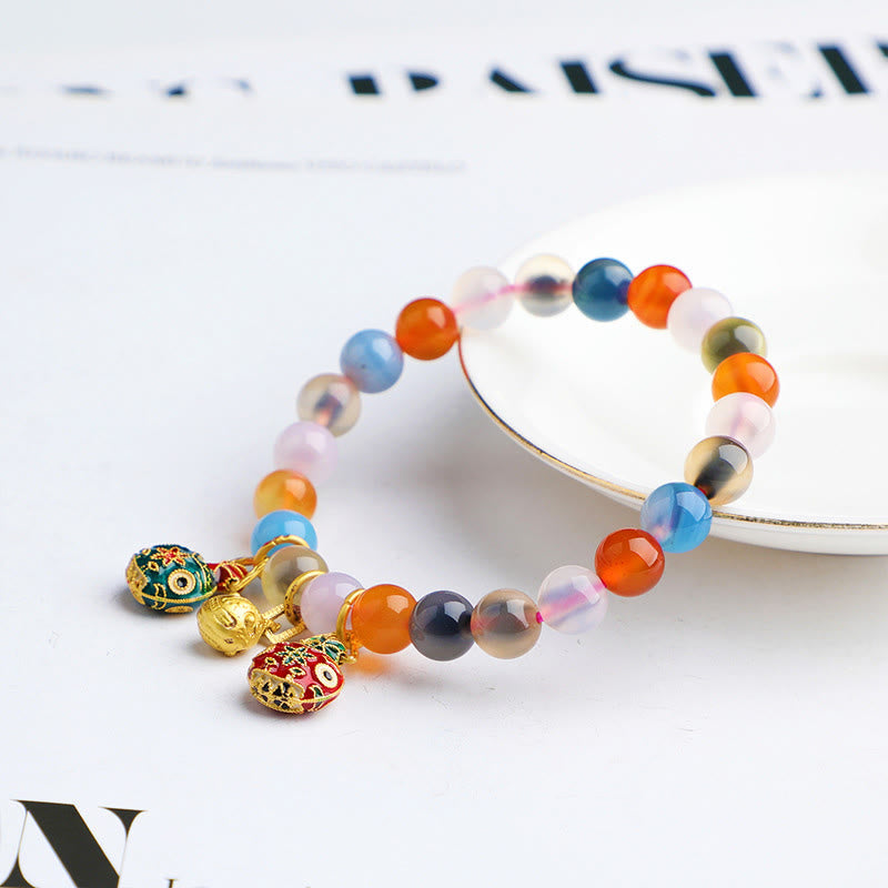 Fortune Jewel Colorful Candy Agate Gold Swallowing Beast Family Peach Harmony Charm Bracelet