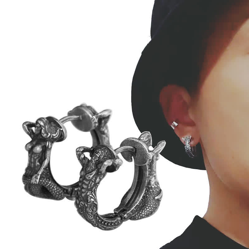 Fortune Jewel 925 Sterling Silver Dragon Hoop Pattern Protection Earrings Fortune Jewel