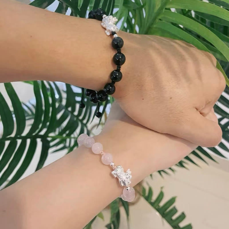 Fortune Jewel Natural Black Obsidian Cat's Eye Pink Crystal PiXiu Strength Bracelet