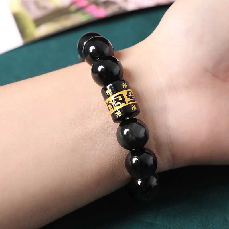 Fortune Jewel Rainbow Obsidian Om Mani Padme Hum Swastika Positive Bracelet