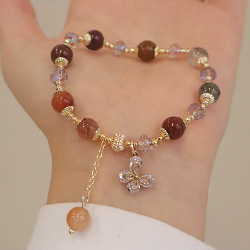 Fortune Jewel Natural Fu Lu Shou Rainbow Crystal Rutilated Quartz Wealth Butterfly Charm Bracelet