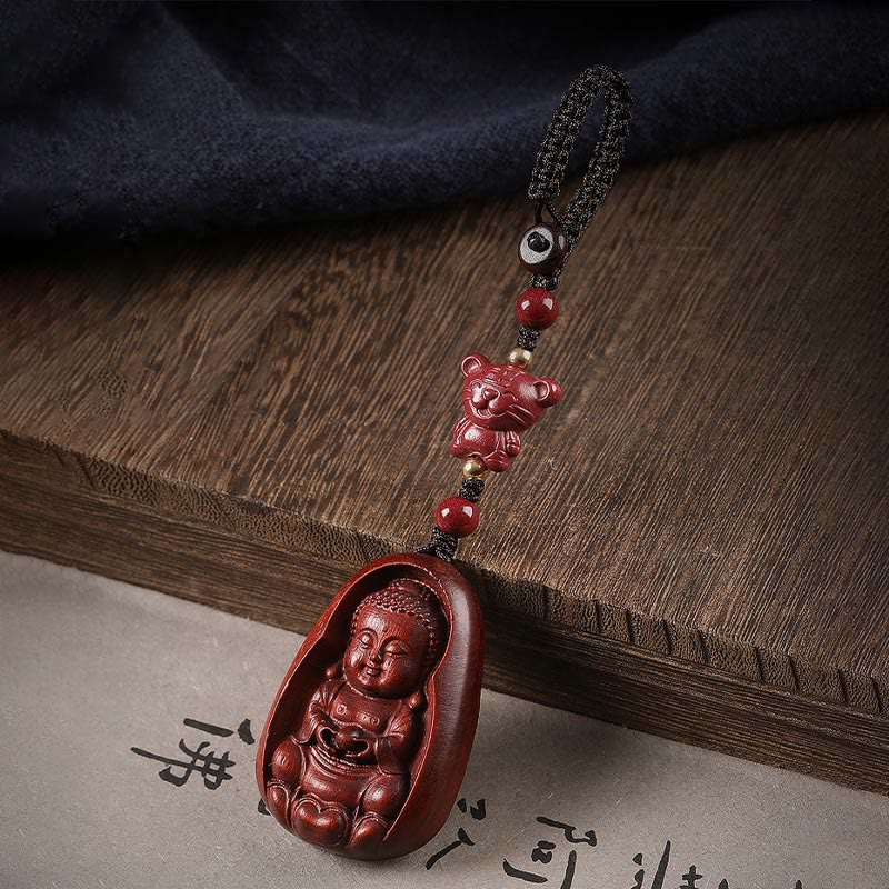 Fortune Jewel Small Leaf Red Sandalwood Buddha Cinnabar Chinese Zodiac Amulet Protection Key Chain
