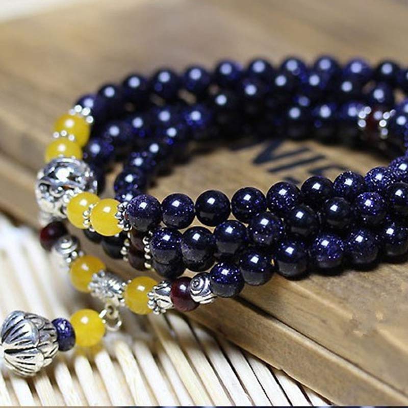 Fortune Jewel Blue Sandstone Wealth Charm Bracelet Mala