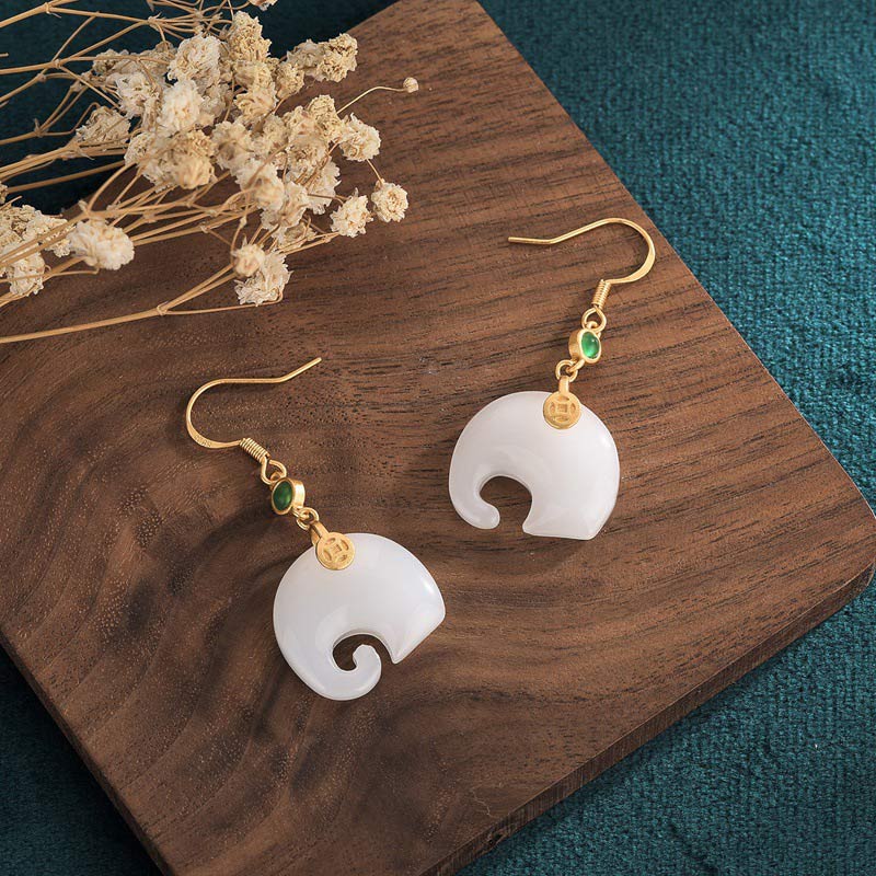 Fortune Jewel FengShui Elephant White Jade Fortune Earrings