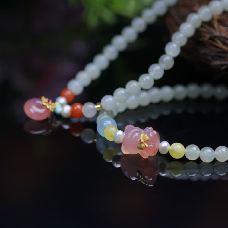 Fortune Jewel Natural Hetian Jade Pink Crystal Peace Buckle Happiness Abundance Bracelet