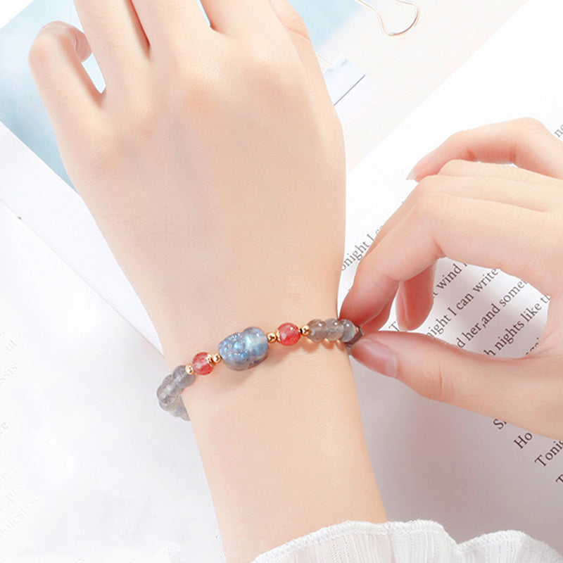 Fortune Jewel Moonstone Strawberry Quartz PiXiu Healing Bracelet