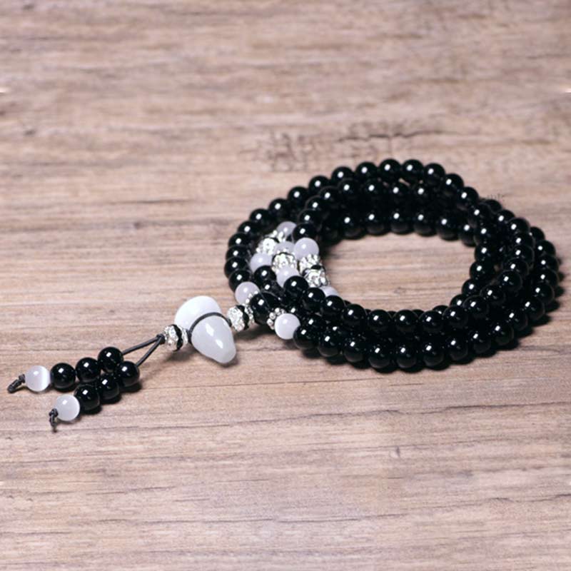 Fortune Jewel Black Onyx White Crystal Bead Meditation Bracelet
