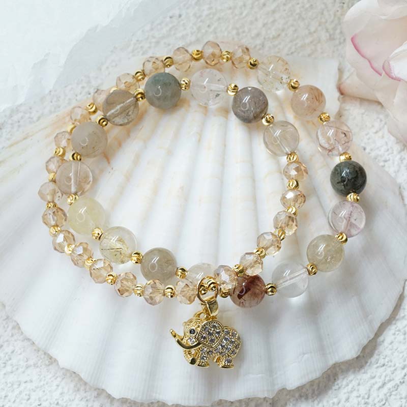 Fortune Jewel Rose Quartz Elephant Healing Energy Charm Bracelet