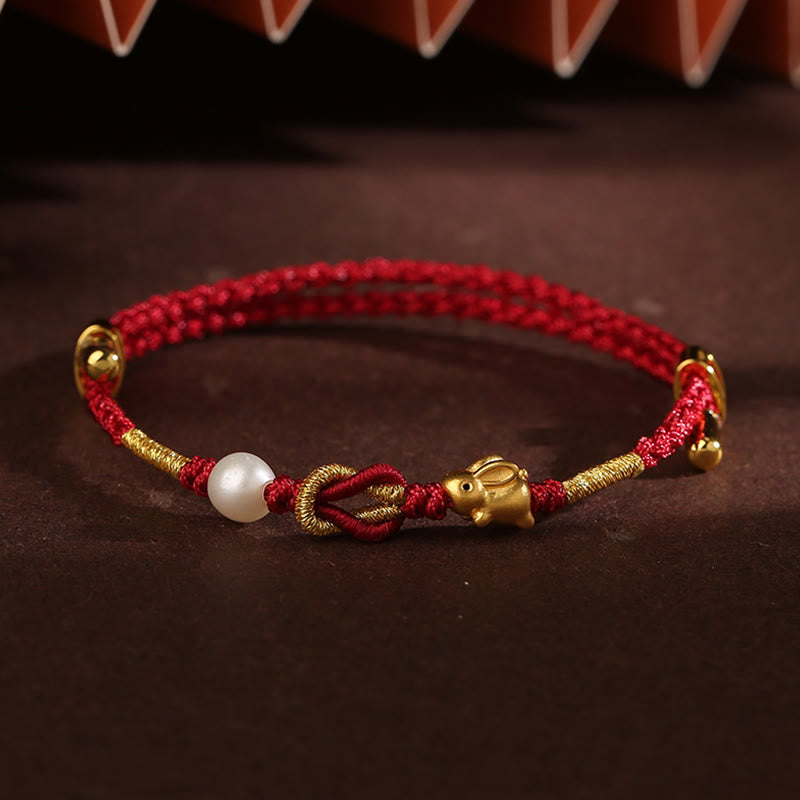 Fortune Jewel 24K Gold Wish Ruyi Handle Fu Character Rabbit Pearl Luck Braided Bracelet