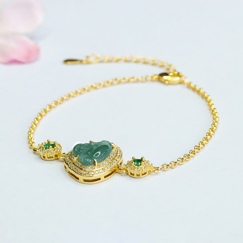 Fortune Jewel Laughing Buddha Green Jade Zircon Luck Chain Bracelet