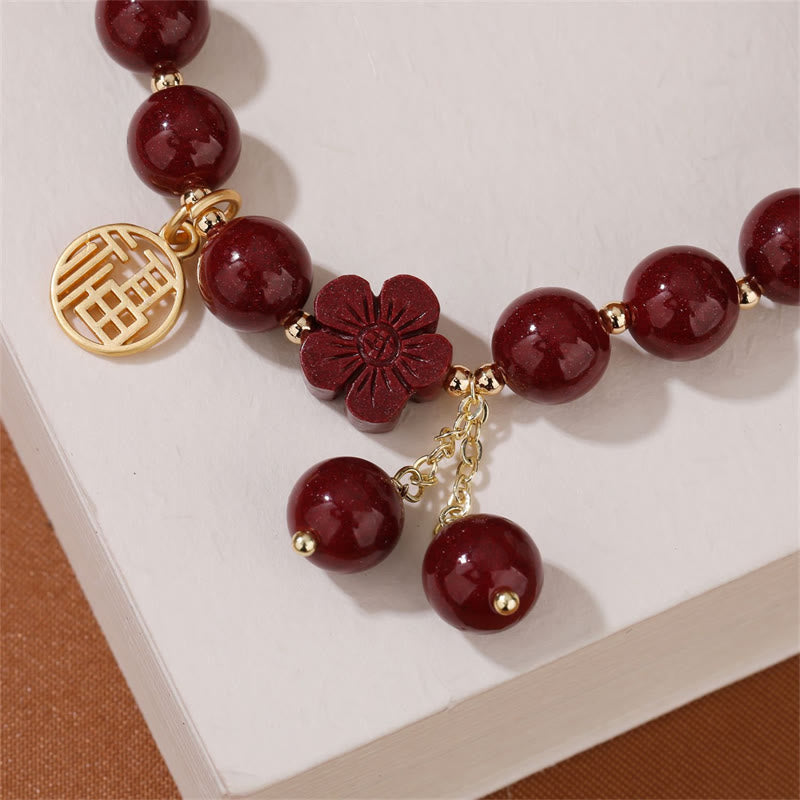 Fortune Jewel Cinnabar Fu Character Cherry Blossom Blessing Bracelet