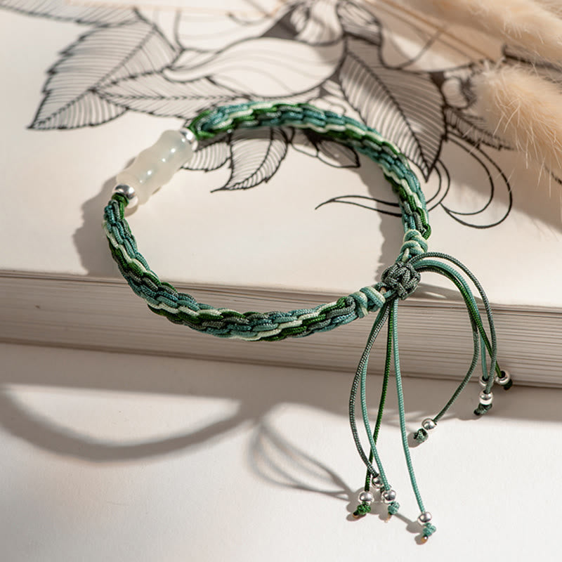 Fortune Jewel White Jade Bamboo Reincarnation Knot Wealth Luck Strength String Bracelet