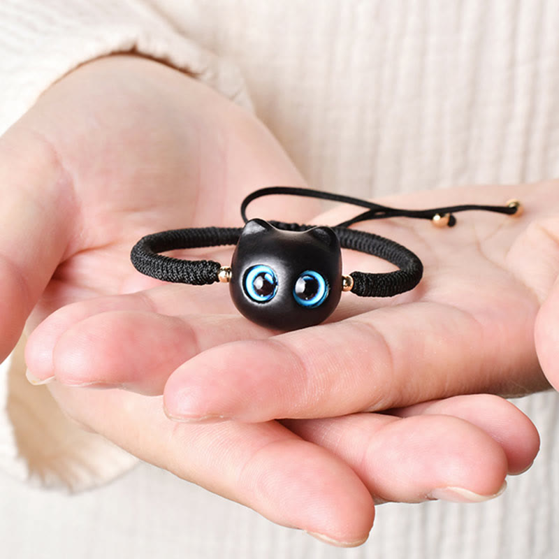 Fortune Jewel Ebony Wood Cat Head Pattern Peace King Kong Knot Braided Bracelet
